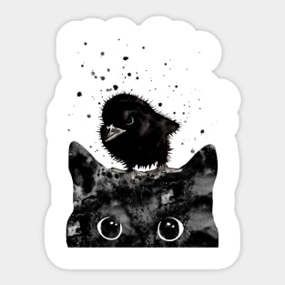 Peeking cat and dangerous baby raven Sticker